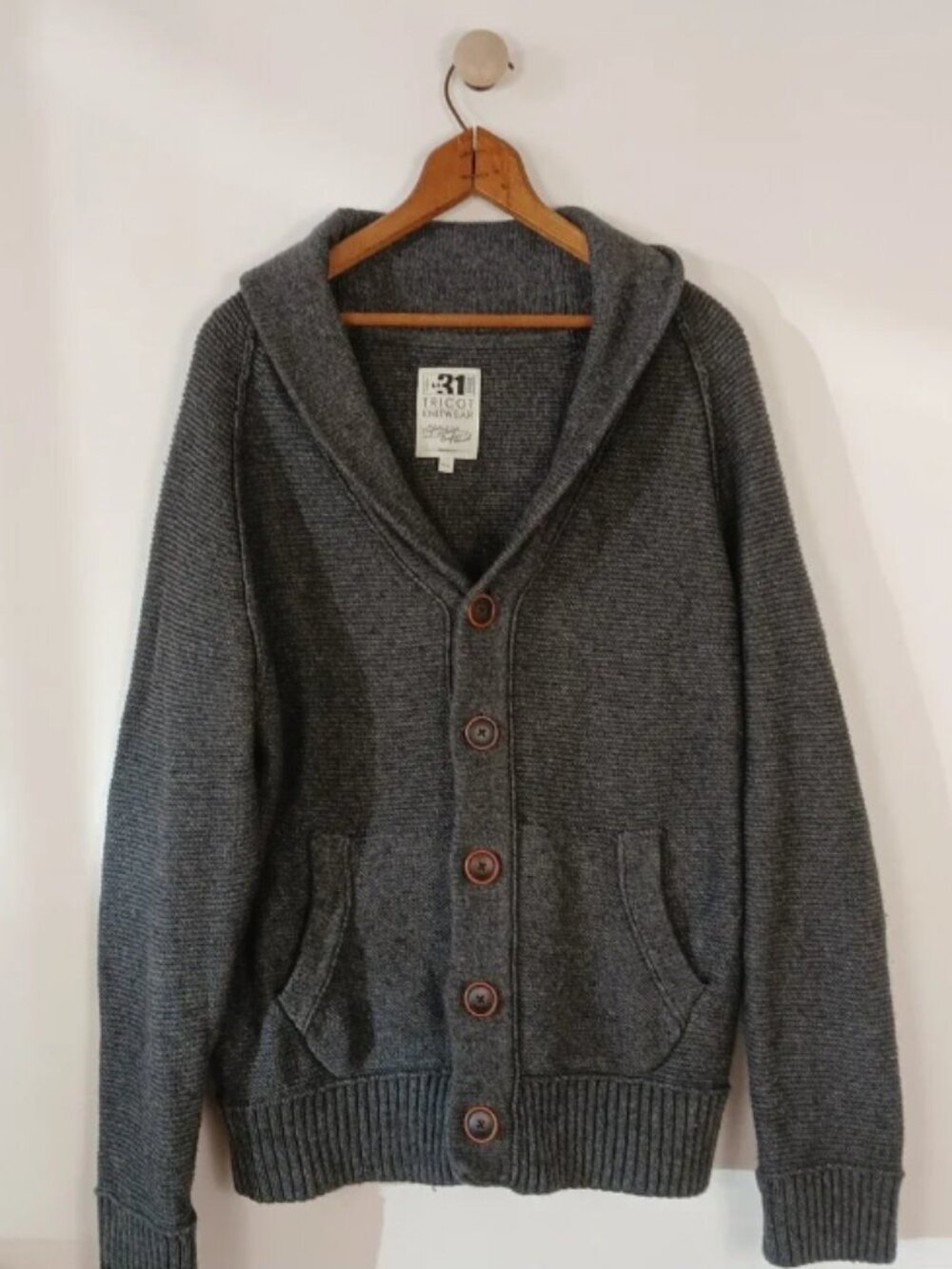 Le31 Simons Men's Cardigan Sweater Large Knit Button Gray Elbow Patches Wool